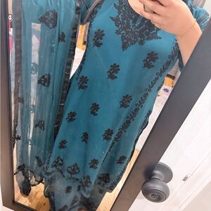 Pakistani dress Indian kurta Teal Embroidered 3 piece